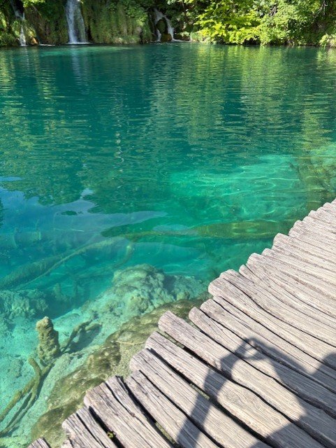 Une eau turquoise si claire qu'on voit le fond, sous une passerelle en bois