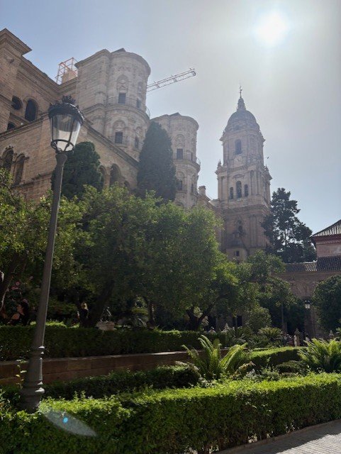 La cathédrale de Malaga vue depuis un jardin du centre-ville, sous le soleil